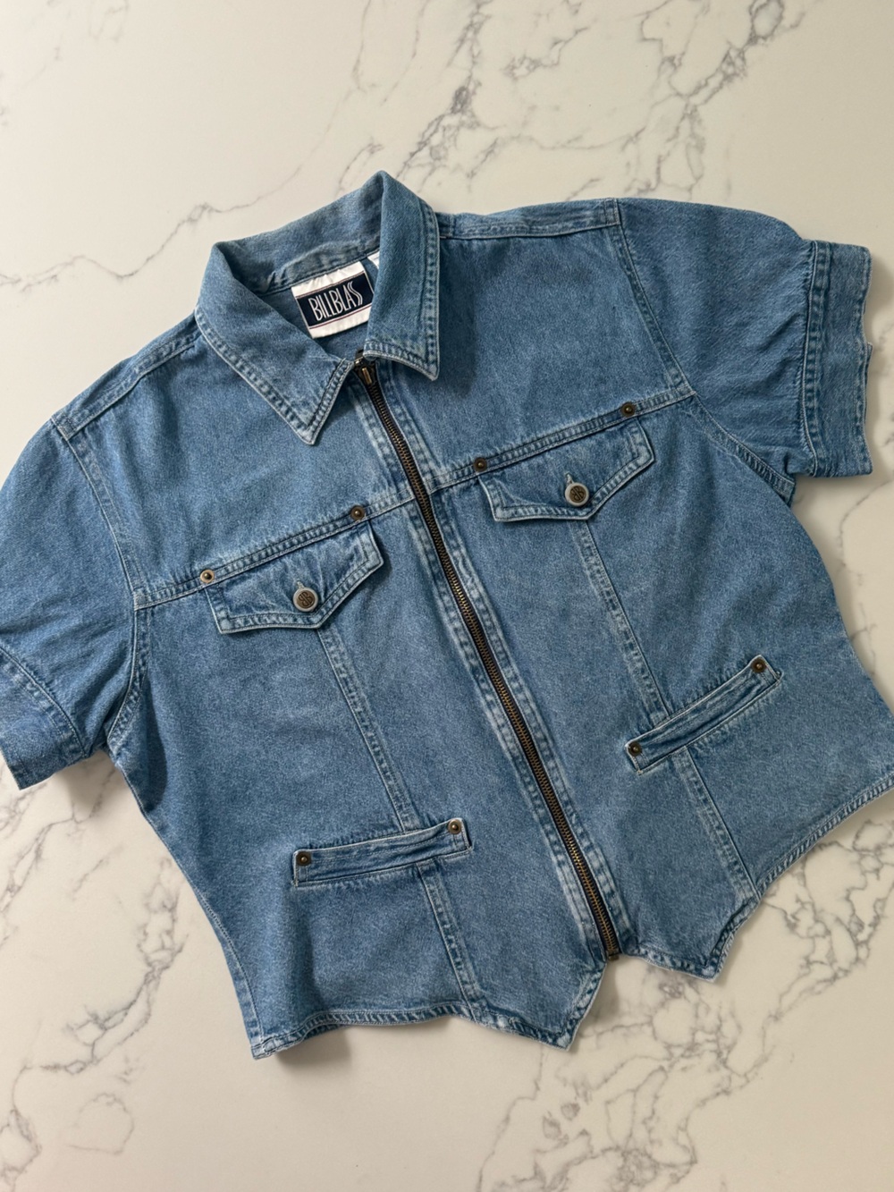 Vintage Bill Blass Denim Zip Short Sleeve Top - Light Wash - Size Medium